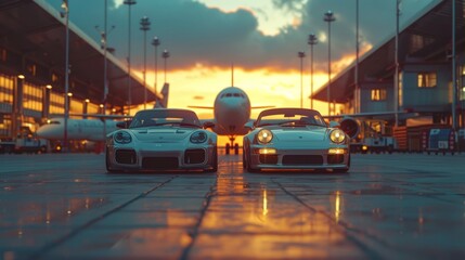   Two cars parked beside an airport plane during sunset