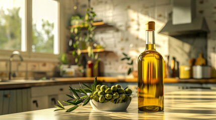 Home kitchen on sunny day with glass bottle of olive oil, bowl of olives and olive branch on table