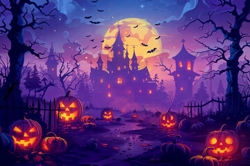 Halloween background with a pumpkins and haunted castle.