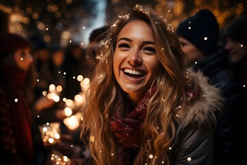 Woman celebrating New Year in the city streets with friends