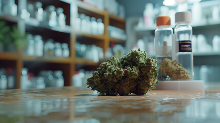 Close-up of a high-quality marijuana bud on the counter of a dispensary with blurred bottles in the background. 