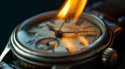 burning vintage watch isolated on a black background, generative ai