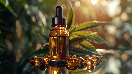 A dropper bottle of CBD oil and gel capsules are elegantly presented amongst cannabis leaves. 