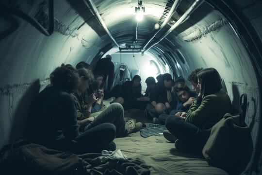 A group of people huddled together in a bomb shelter, waiting for the end to come