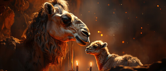 a giraffe and a baby giraffe standing in a cave - obrazy, fototapety, plakaty