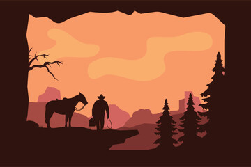 landscape silhouette of cowboy riding at horse background template simple concept vintage design