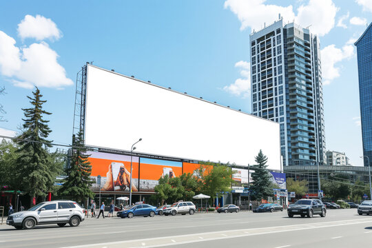 Huge white billboard on the building in a city, metropolis