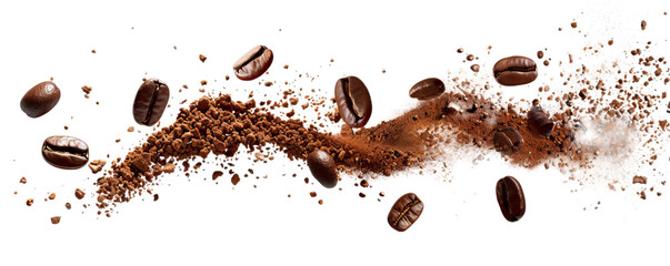Coffee beans flaying  with ground grains.