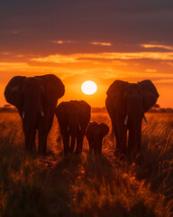 Fototapeta na wymiar Silhouettes of an elephant family against the setting sun a poignant reminder of their endangered status Photo style National Geographic