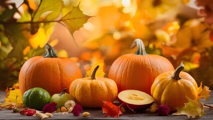 Naklejka na ściany i meble Autumnal Thanksgiving background with pumpkins, fruits, flowers