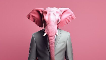 Elephant head with men's business suit on pink background - obrazy, fototapety, plakaty