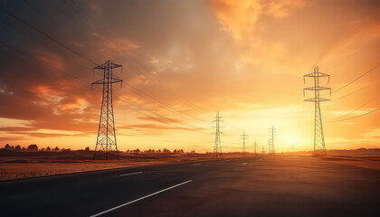 Power lines by the road at sunset