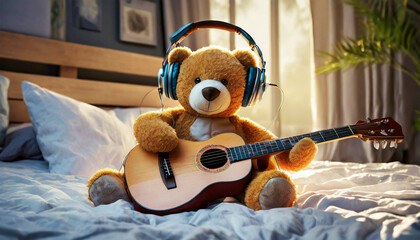 Smiling, cute teddy bear playing an acoustic guitar with headphones listening to music sitting on a bed with white sheets and pillows. Generative Ai. - Powered by Adobe