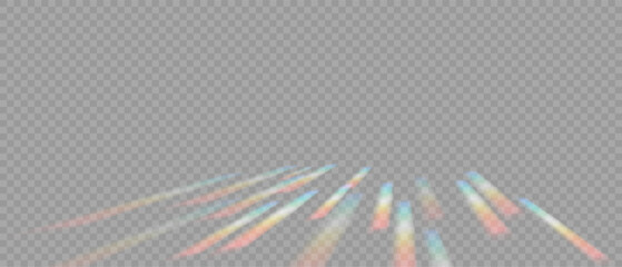 Rainbow Prism Light Effect. Crystal Flare Leak Shadow Overlay on transparent Backdrop. Optical rainbow lights, glare, leak, streak overlay. Vector colorful vector lenses and light flares.