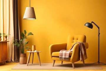 Interior of living room with armchair, lamp and plaid near yellow wall