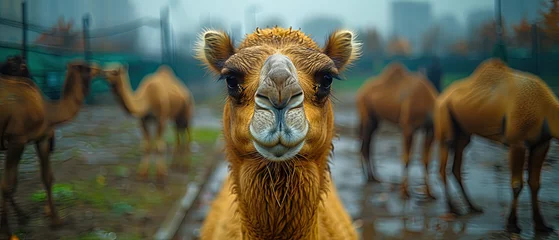 Rugzak a a lot of camels that are standing in the rain © Masum