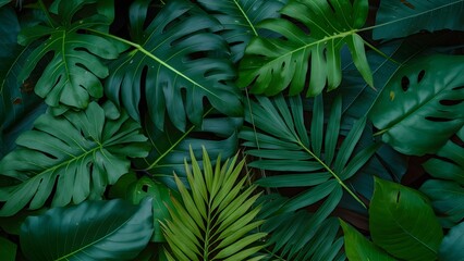 Backdrop background of green tropical leaves monstera, palm, fern - obrazy, fototapety, plakaty