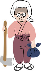 もんぺをはいて畑仕事に行くおばあさん