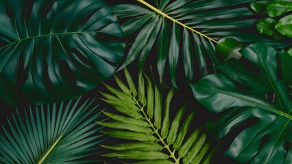 Backdrop background of green tropical leaves monstera, palm, fern