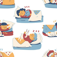 Cute children sleep in bed vector cartoon seamless pattern background for wallpaper, wrapping, packing, and backdrop.