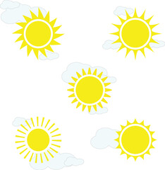 sun and clouds Sun icon set. Yellow sun star icons collection. Summer, sunlight, nature, sky. Vector illustration isolated on white background