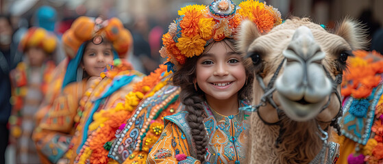 a with a colorful headdress and a camel in a parade - obrazy, fototapety, plakaty