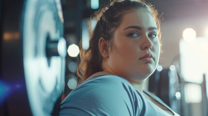 An overweight young woman in the gym preparing to play sports, the concept of an active life in any age, taking care of the body and building a relationship with weight