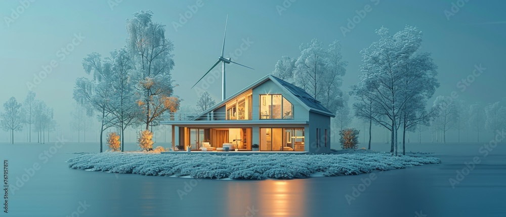 Poster modern 3d graphic concept of an abstract one storey country house with wind turbines. green energy c