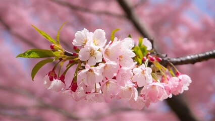 Fototapeta premium Background of cherry blossom tree in delicate pink bloom