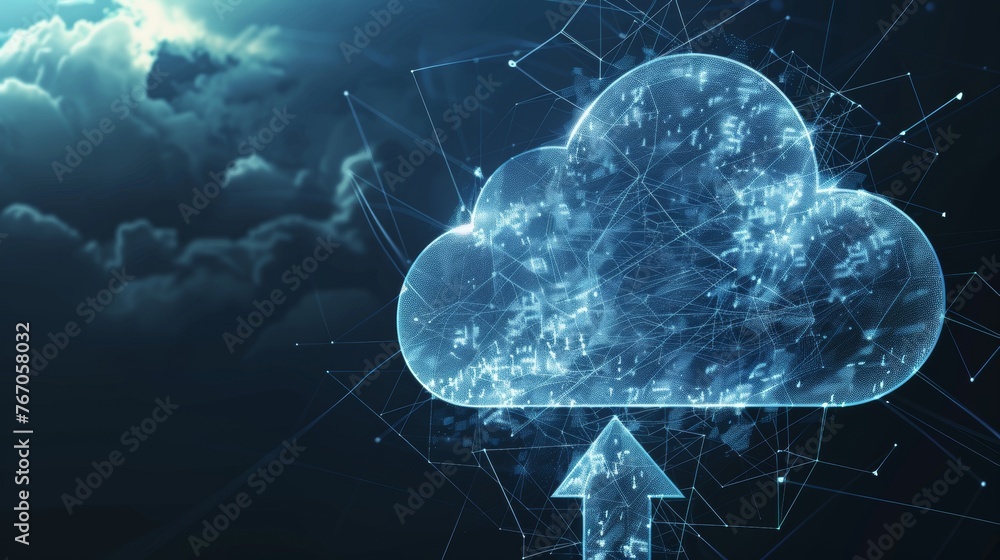Poster Incorporating clouds into the digital world. Polygonal cloud storage sign with arrows up and down on dark blue background. Cloud computing, big data centers, digital AI concept.