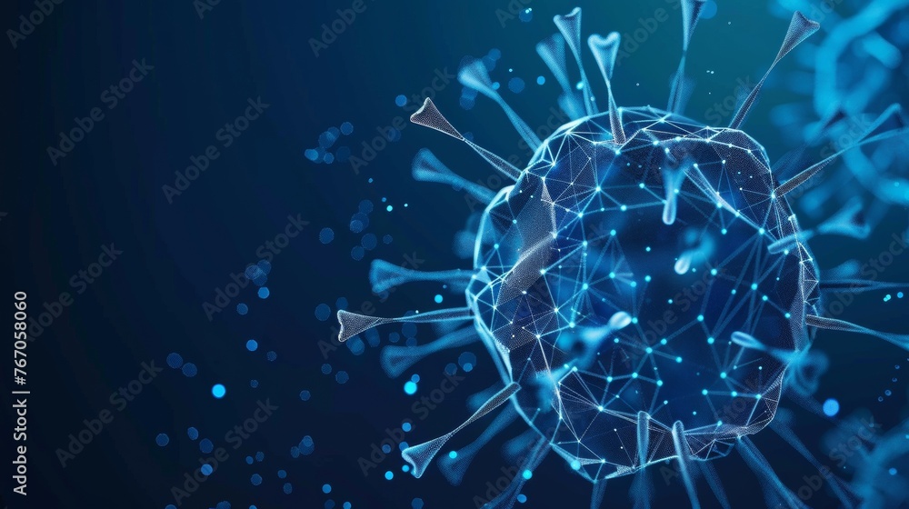 Poster the corona microbe is an abstract 3d model with a blue background. computer virus, allergy bacteria,