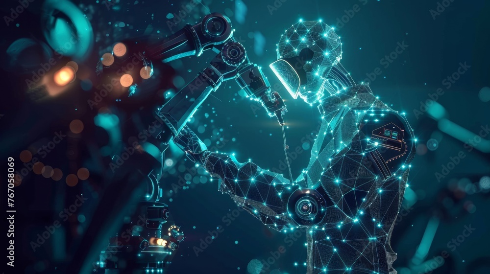 Aufkleber Inventor holding tablet and controlling robotic arm and robotic tool.  image of smart technology manufacturing process. Industrial technology, automation concept  image.