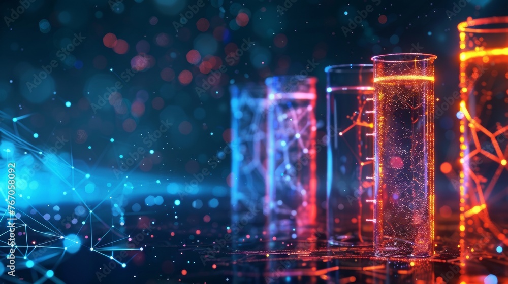 Fototapete Several test tubes isolated on a dark background of low-poly wireframes. Science  polygon image of stars in a starry sky.
