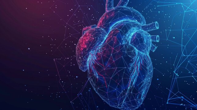 A geometric background with a wireframe light connection structure. A blue and red abstract human heart. Abstract human anatomy. Healthcare medical concept. Low poly style design. Geometric