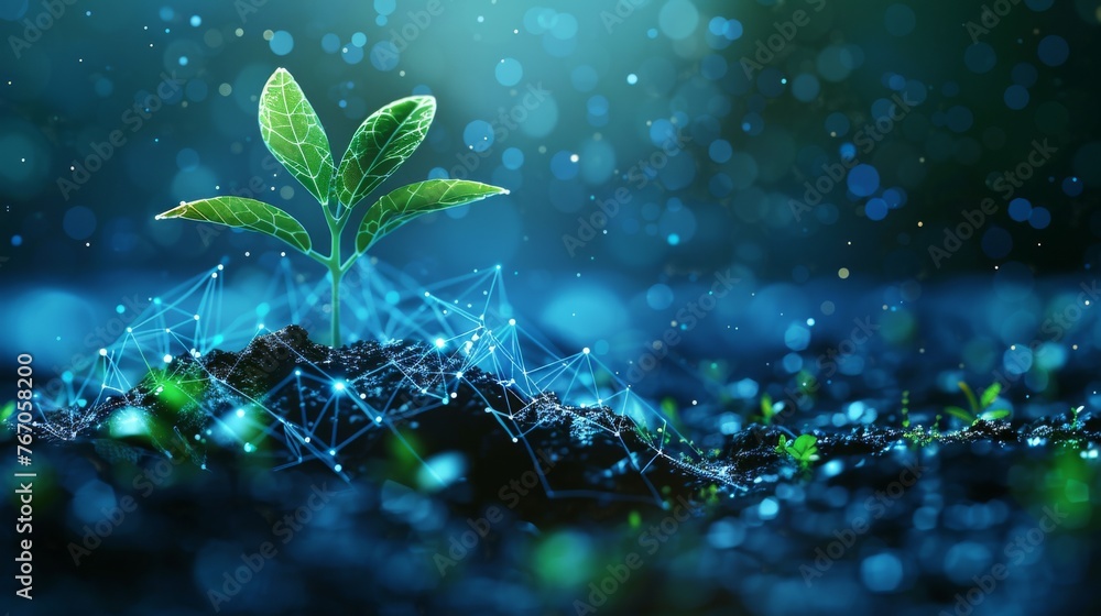 Aufkleber plant sprout with cogwheels. low poly design. abstract blue geometric background. wireframe light co