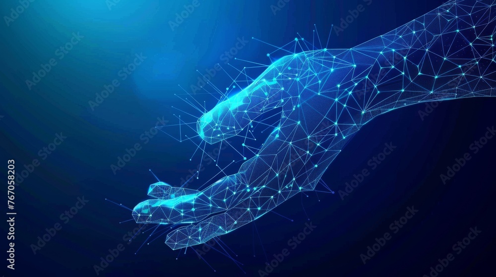 Leinwandbilder Isolated  illustration showing an abstract giving hand. Low poly style design. Blue geometric background. Wireframe light connection structure. Isolated  illustration with a modern graphic