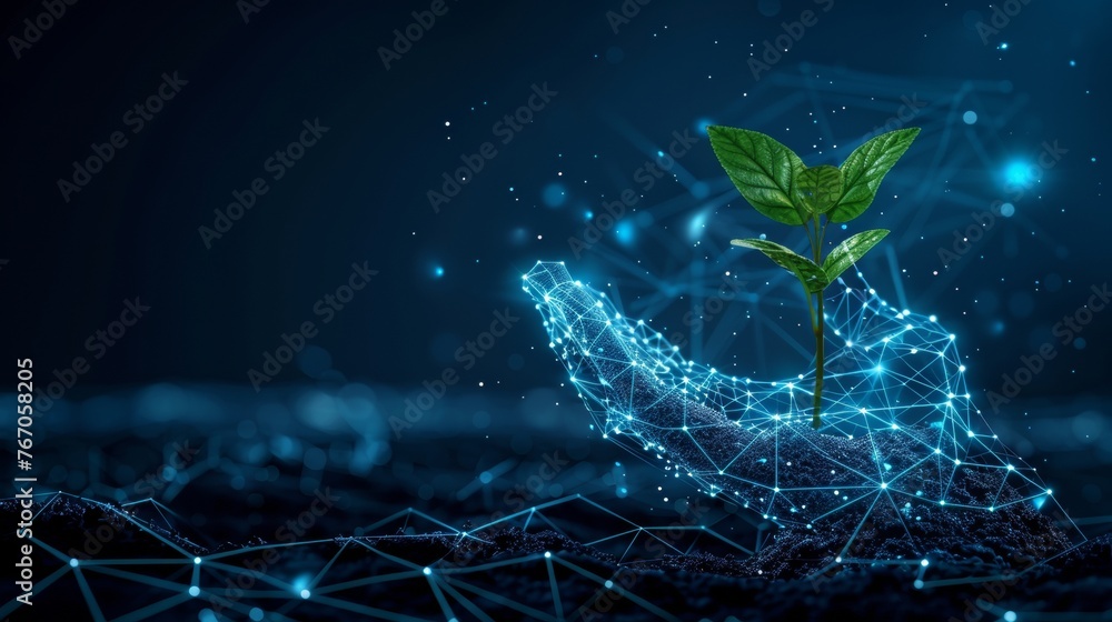 Poster giving hand with young plant in soil. low poly style design. blue geometric background. wireframe li