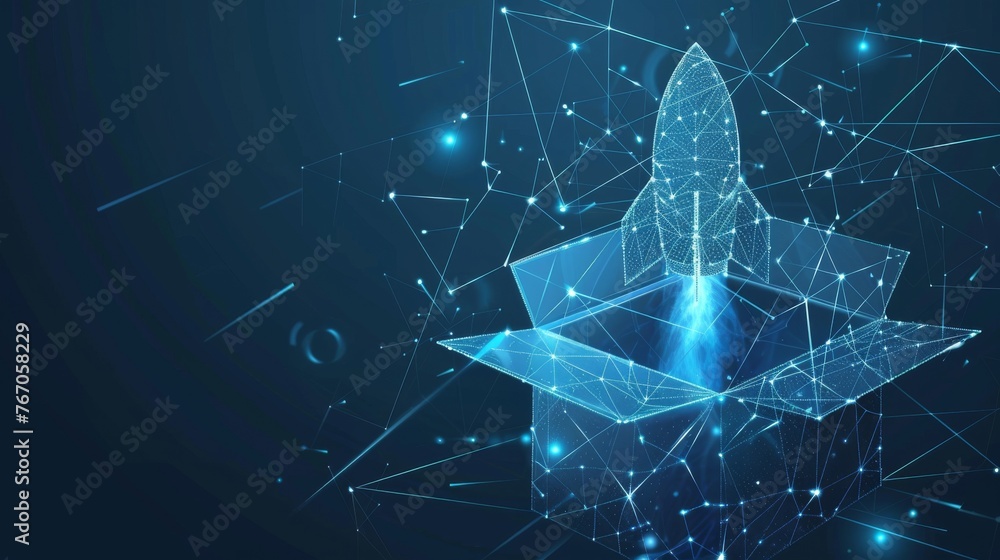 Fototapete Abstract open box and rocket launch. Low poly style design. Geometric background. Wireframe light connection structure. Modern 3D graphic concept. Isolated  illustration.