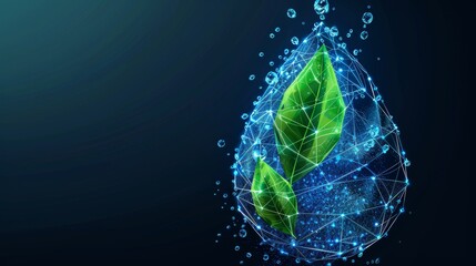 Drop of water with green leaves inside. Low poly style design. Abstract geometric background. Wireframe light connection structure. Contemporary 3D graphic ecological concept.  illustration.