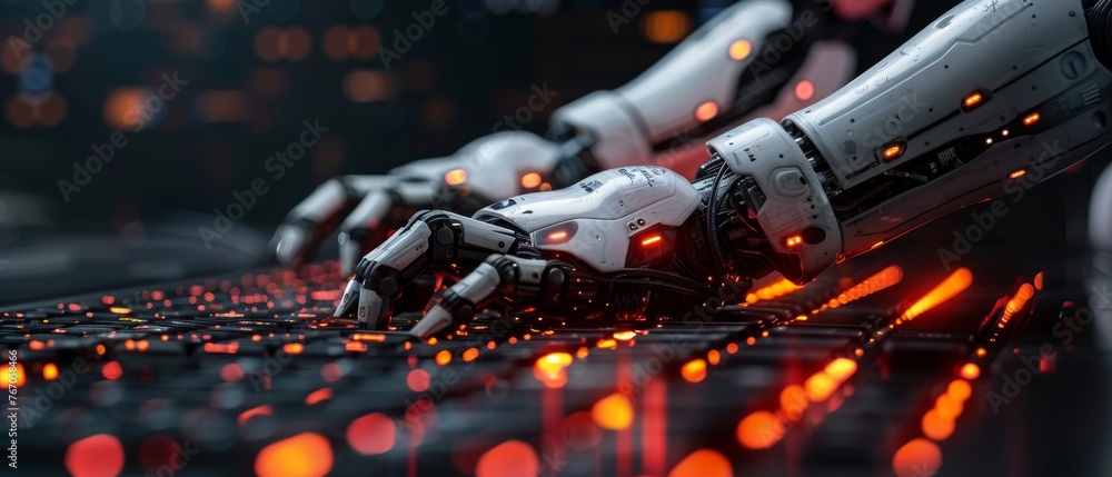 Poster A man using robot technology to assist in the development of chat bots, chat AI, and generate images, write codes, and analyze data using technology.