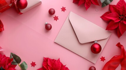 Christmas gift concept with flowers, envelope, and red ornaments.