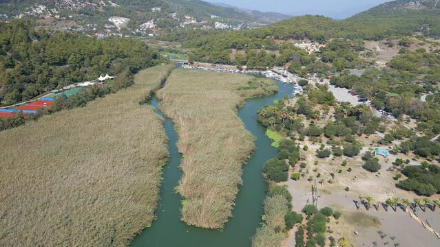 Aerial view over Dalaman beach toward Sarigerme on the Meditteranean coast of Turkey. High quality 4k footage