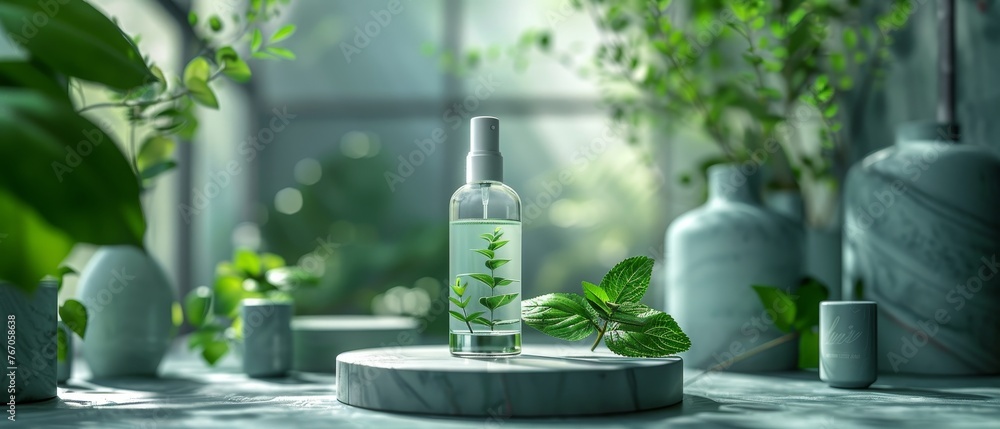 Aufkleber 3d render illustration showing cosmetic bottle podium and green leaf on gray background. object isol