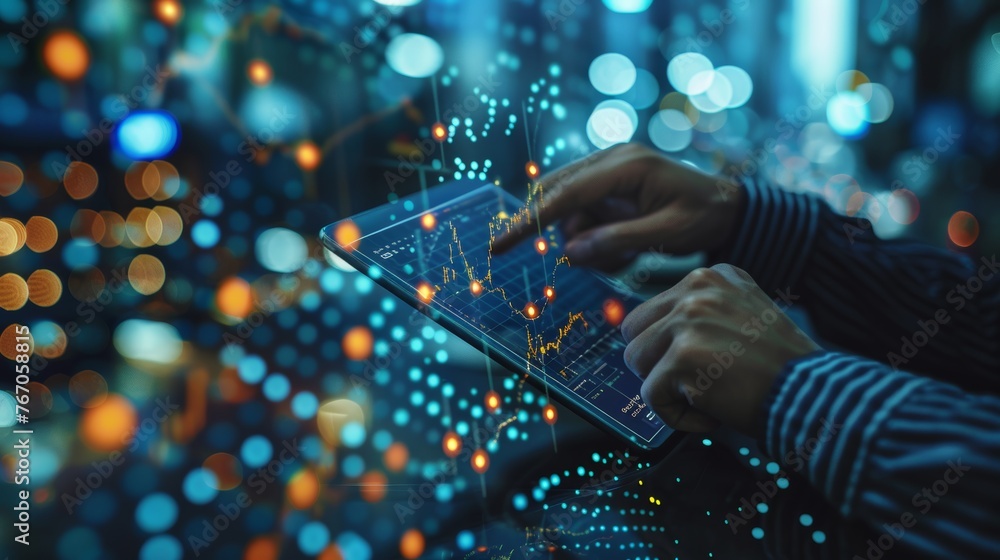 Poster An abstract diagram with an up arrow in low poly wireframe style on dark blue background with a businessman holding a tablet. Global business and finance.