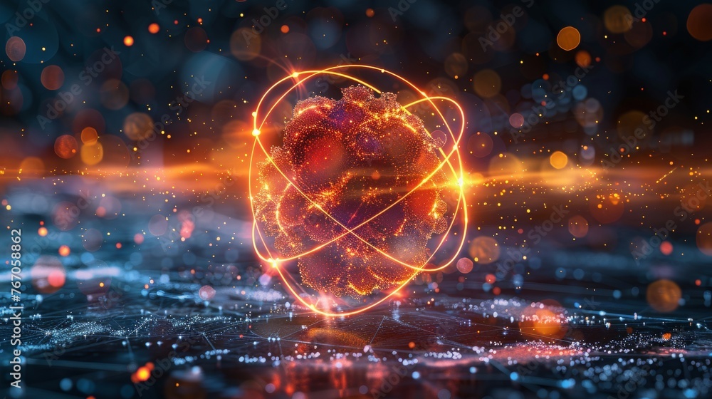 Aufkleber science concept for nuclear energy. abstract low poly atom circle represented in vibrant yellow-red-