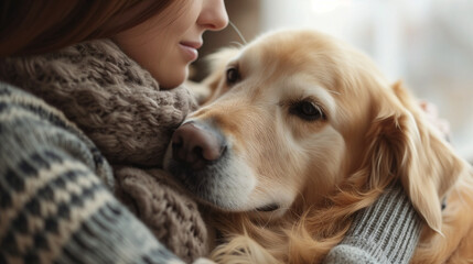Pet Therapy. Woman hugging adorable golden retriever, showcasing the positive influence of animals on mental health and emotional well-being - obrazy, fototapety, plakaty