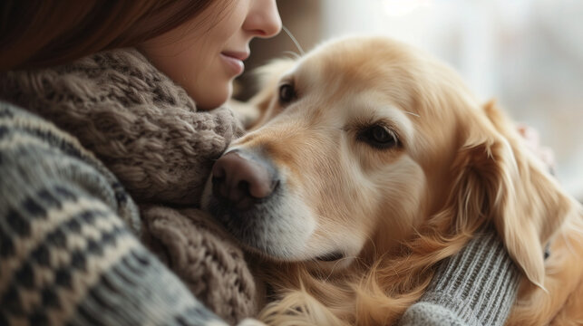 Pet Therapy. Woman hugging adorable golden retriever, showcasing the positive influence of animals on mental health and emotional well-being