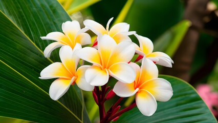 Banner displays tropical nature background with beautiful frangipani flowers