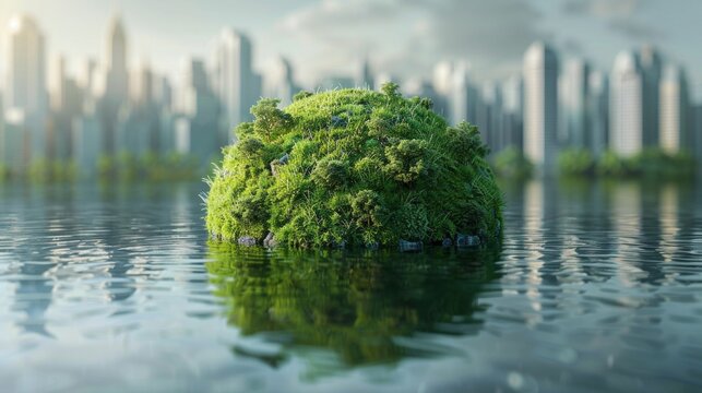 Planet earth covered with grass city skyline. Power supply concept using sustainable energy. Environmentally friendly technology. This image was provided by NASA.