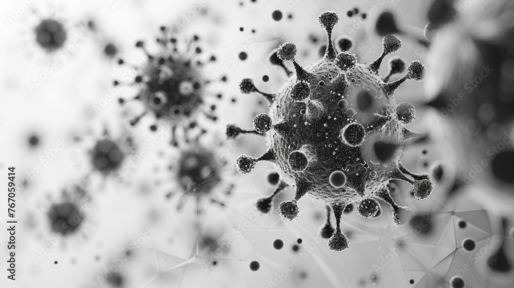 Poster The shield from viruses is in an abstract, polygonal style on a white background. It is a modern illustration depicting protection from an microscopic germ.